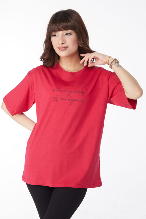 Düz Bisiklet Yaka Kadın Fuşya Baskılı T-shirt - 25169