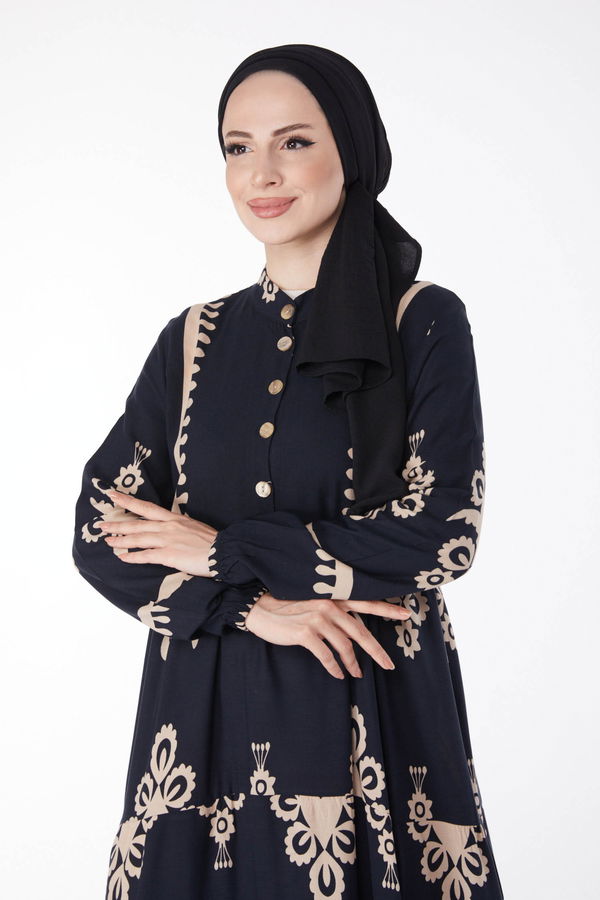 Düz Hakim Yaka Kadın Siyah Desenli Ebise - 25201 SİYAH