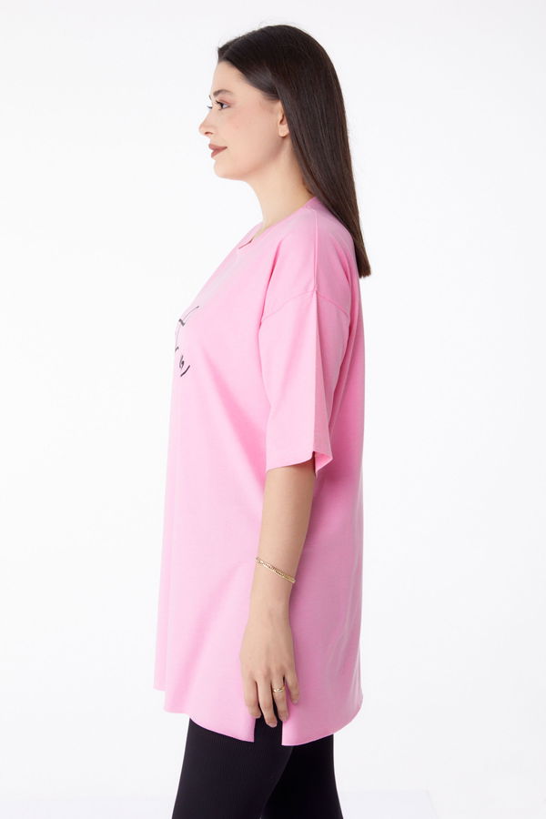 Düz Bisiklet Yaka Kadın Pembe Baskılı T-shirt - 25290