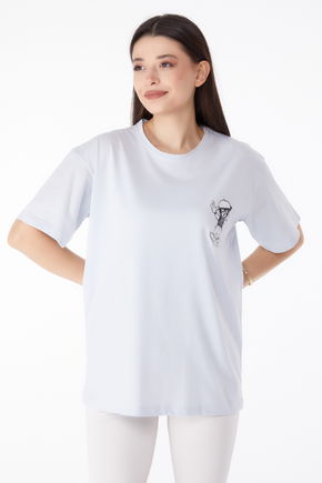 Düz Bisiklet Yaka Kadın Lila Baskılı T-shirt - 25287