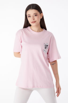 Düz Bisiklet Yaka Kadın Pembe Baskılı T-shirt - 25287