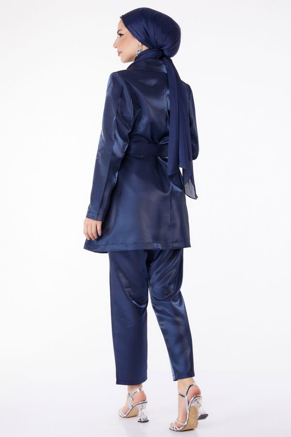 Düz Kruvaze Yaka Kadın Lacivert Saten Ceket+Pantalon - 25279 LACİVERT