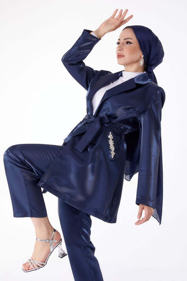 Düz Kruvaze Yaka Kadın Lacivert Saten Ceket+Pantalon - 25279 LACİVERT