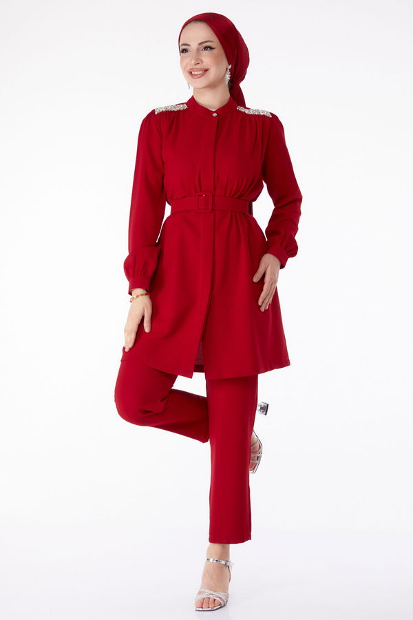 Düz Hakim Yaka Kadın Bordo Taşlı Tunik+Pantalon - 25282