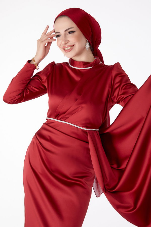 Düz Hakim Yaka Kadın Bordo Taşlı Abiye Elbise - 25285