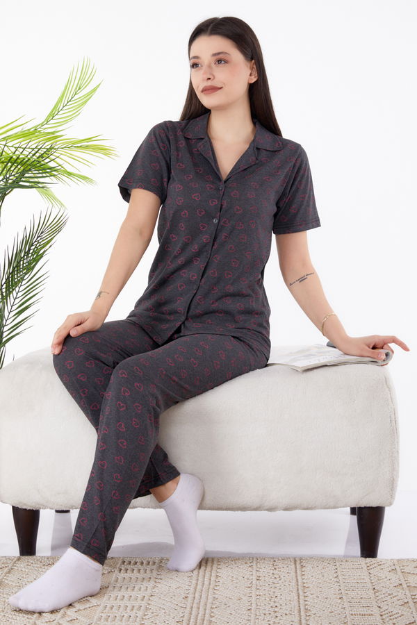 Düz Gömlek Yaka Kadın Antrasit Pijama Takımı - 25272 ANTRASİT