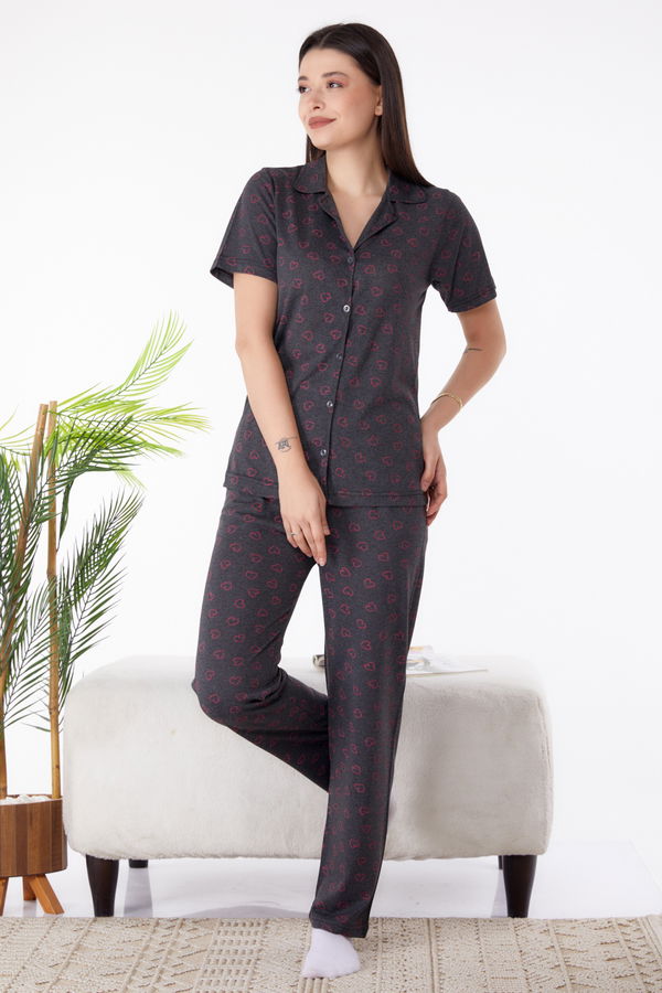 Düz Gömlek Yaka Kadın Antrasit Pijama Takımı - 25272 ANTRASİT