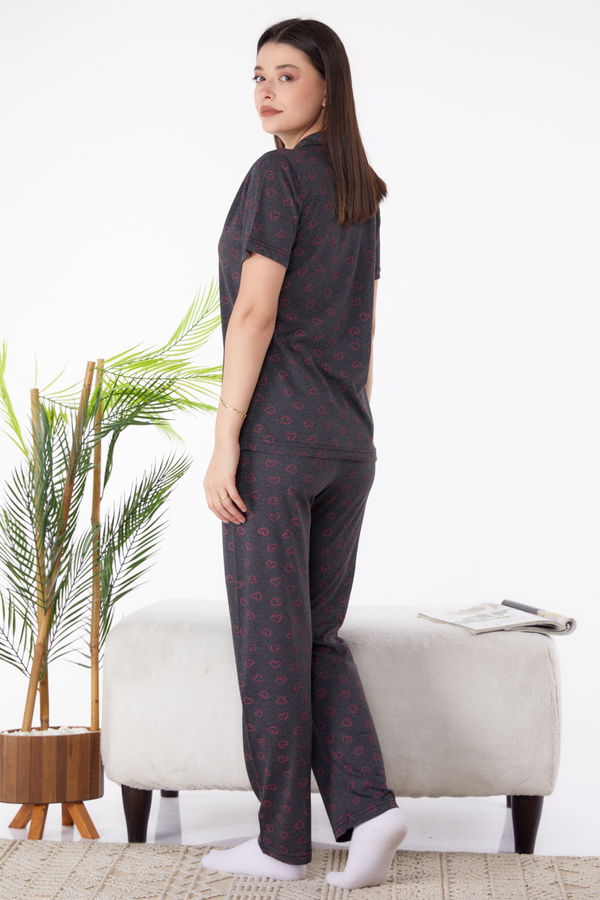 Düz Gömlek Yaka Kadın Antrasit Pijama Takımı - 25272 ANTRASİT