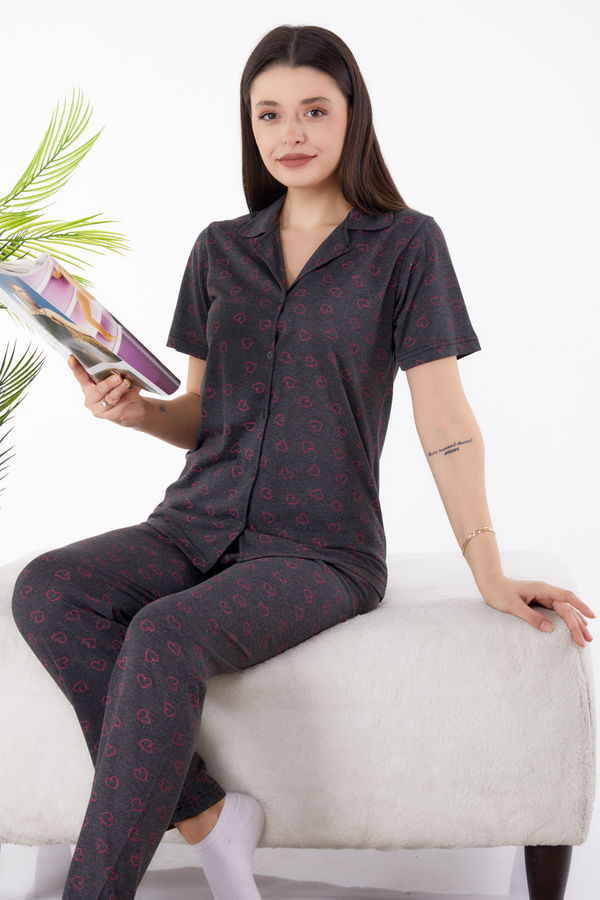 Düz Gömlek Yaka Kadın Antrasit Pijama Takımı - 25272 ANTRASİT