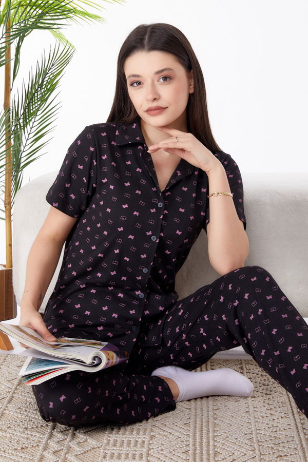 Düz Gömlek Yaka Kadın Siyah Pijama Takımı - 25273 SİYAH