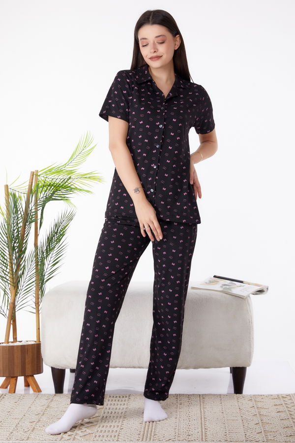 Düz Gömlek Yaka Kadın Siyah Pijama Takımı - 25273 SİYAH