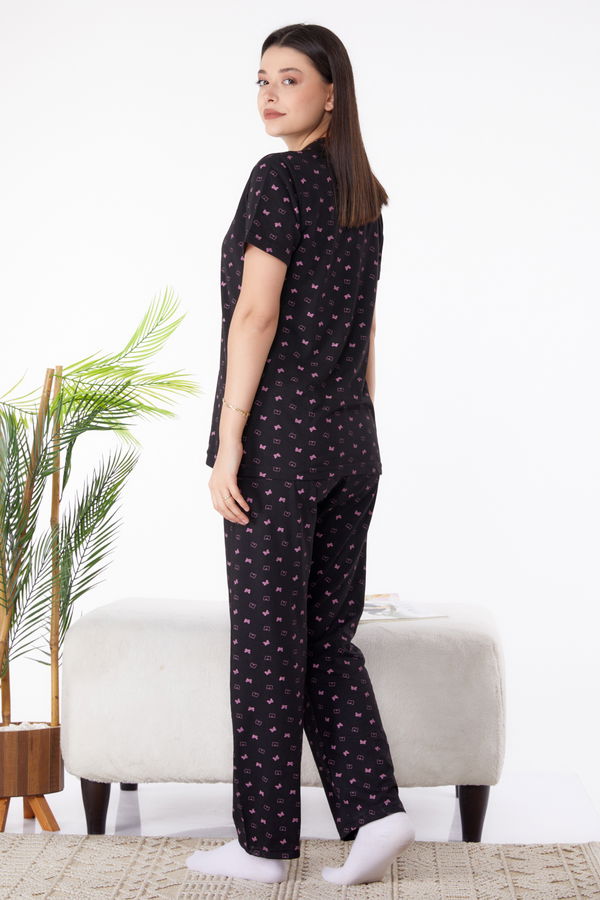 Düz Gömlek Yaka Kadın Siyah Pijama Takımı - 25273 SİYAH