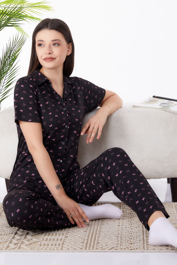 Düz Gömlek Yaka Kadın Siyah Pijama Takımı - 25273 SİYAH