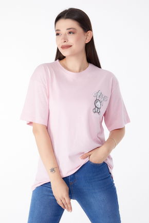 Düz Bisiklet Yaka Kadın Pembe Baskılı T-shirt - 25288