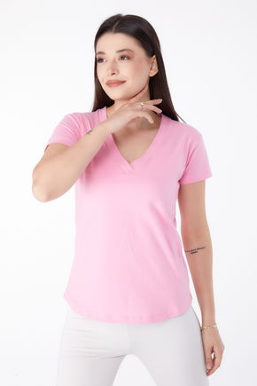 Düz Orta Kadın Pembe V Yaka T-shirt  - 25326