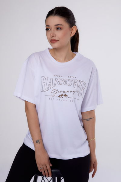 Düz Bisiklet Yaka Kadın Beyaz Baskılı Kısa Kollu T-Shirt  - 25388