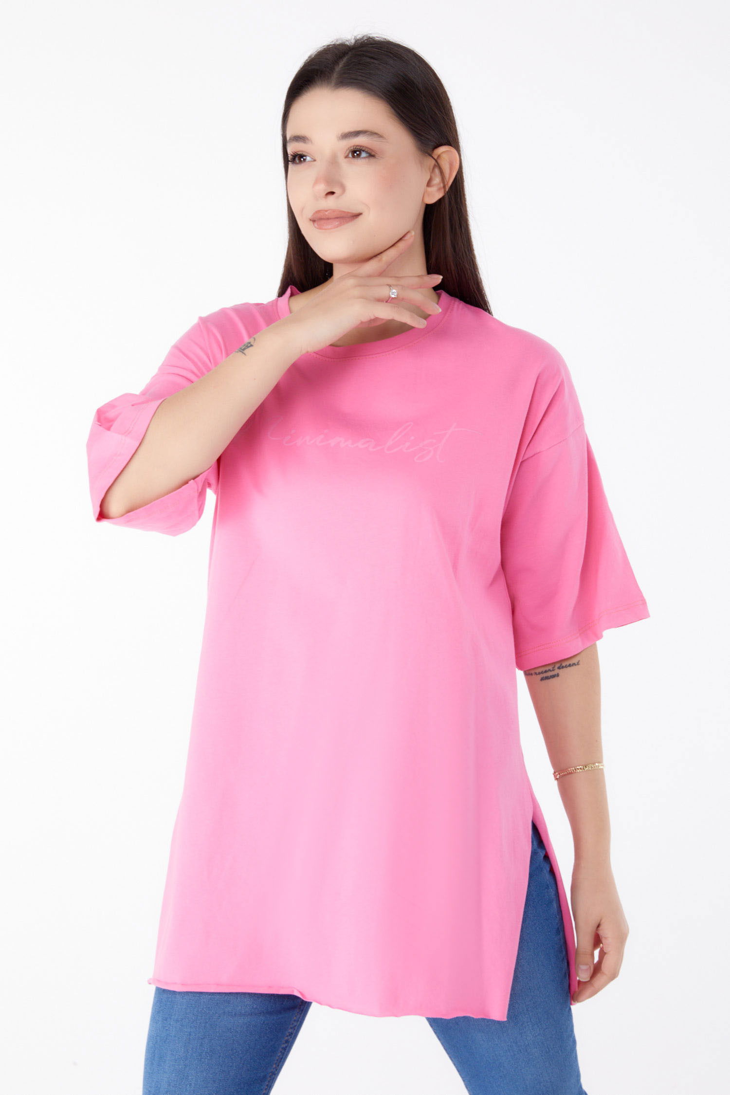 Düz Bisiklet Yaka Kadın Pembe Baskılı Kısa Kollu T-Shirt  - 25395