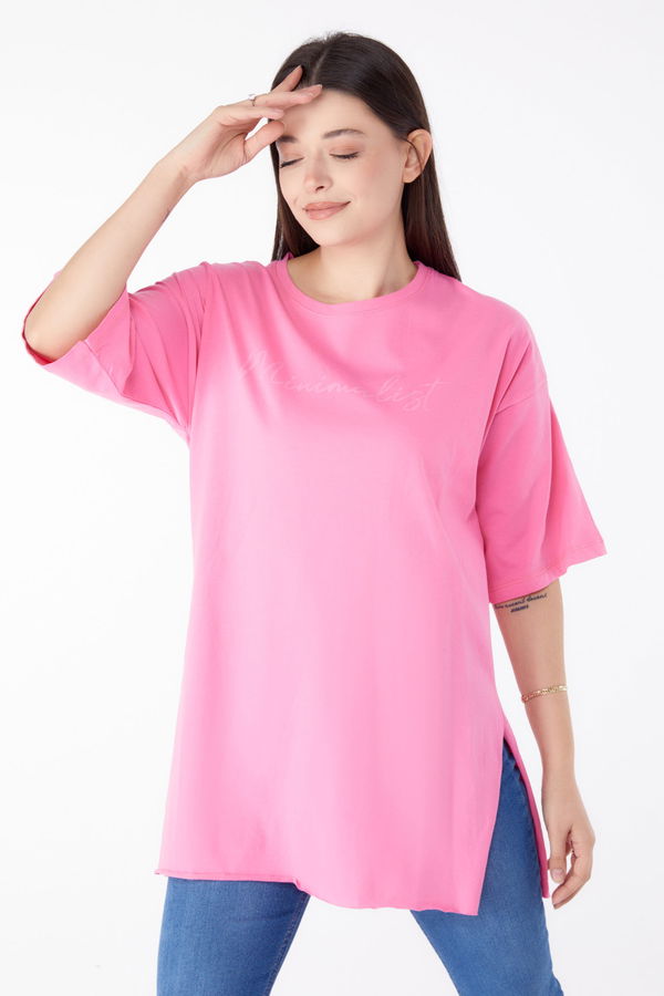 Düz Bisiklet Yaka Kadın Pembe Baskılı Kısa Kollu T-Shirt  - 25395