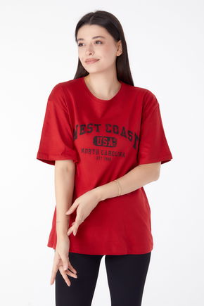 Düz Bisiklet Yaka Kadın Kırmızı Baskılı Kısa Kollu T-Shirt  - 25391