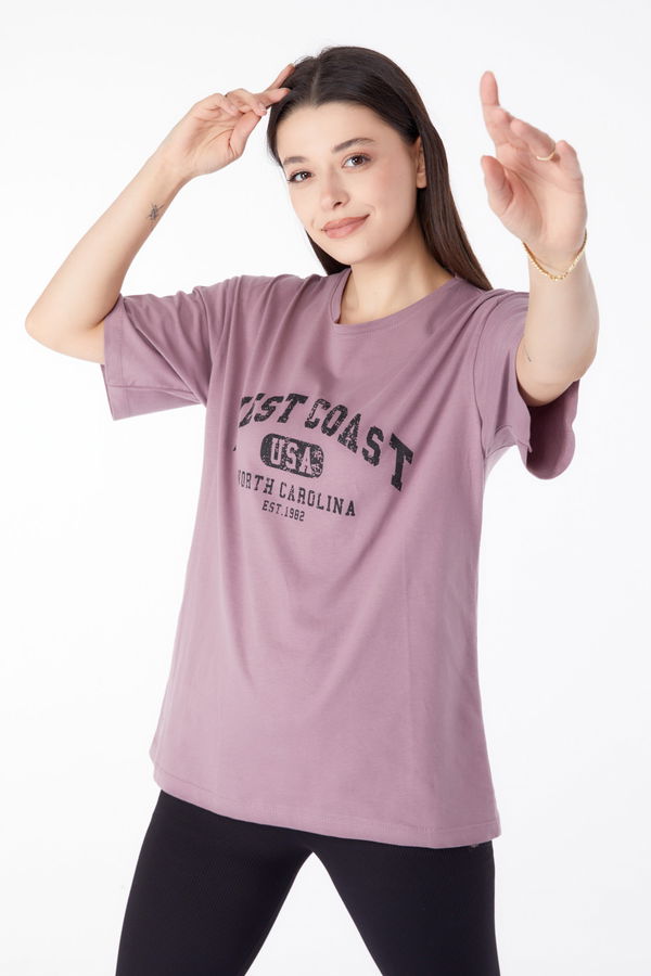 Düz Bisiklet Yaka Kadın Mürdüm Baskılı Kısa Kollu T-Shirt  - 25391