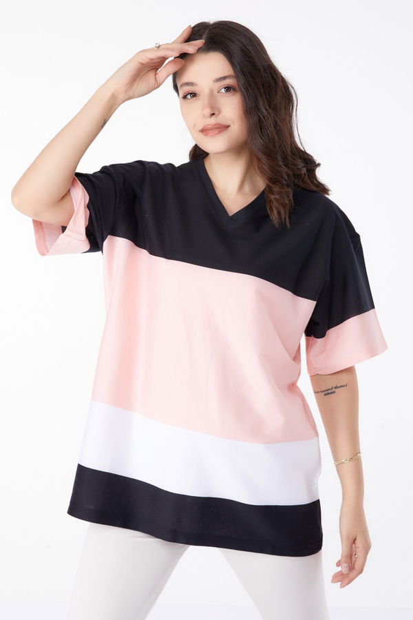 Düz Orta Kadın Siyah V Yaka T-Shirt - 25401 SİYAH