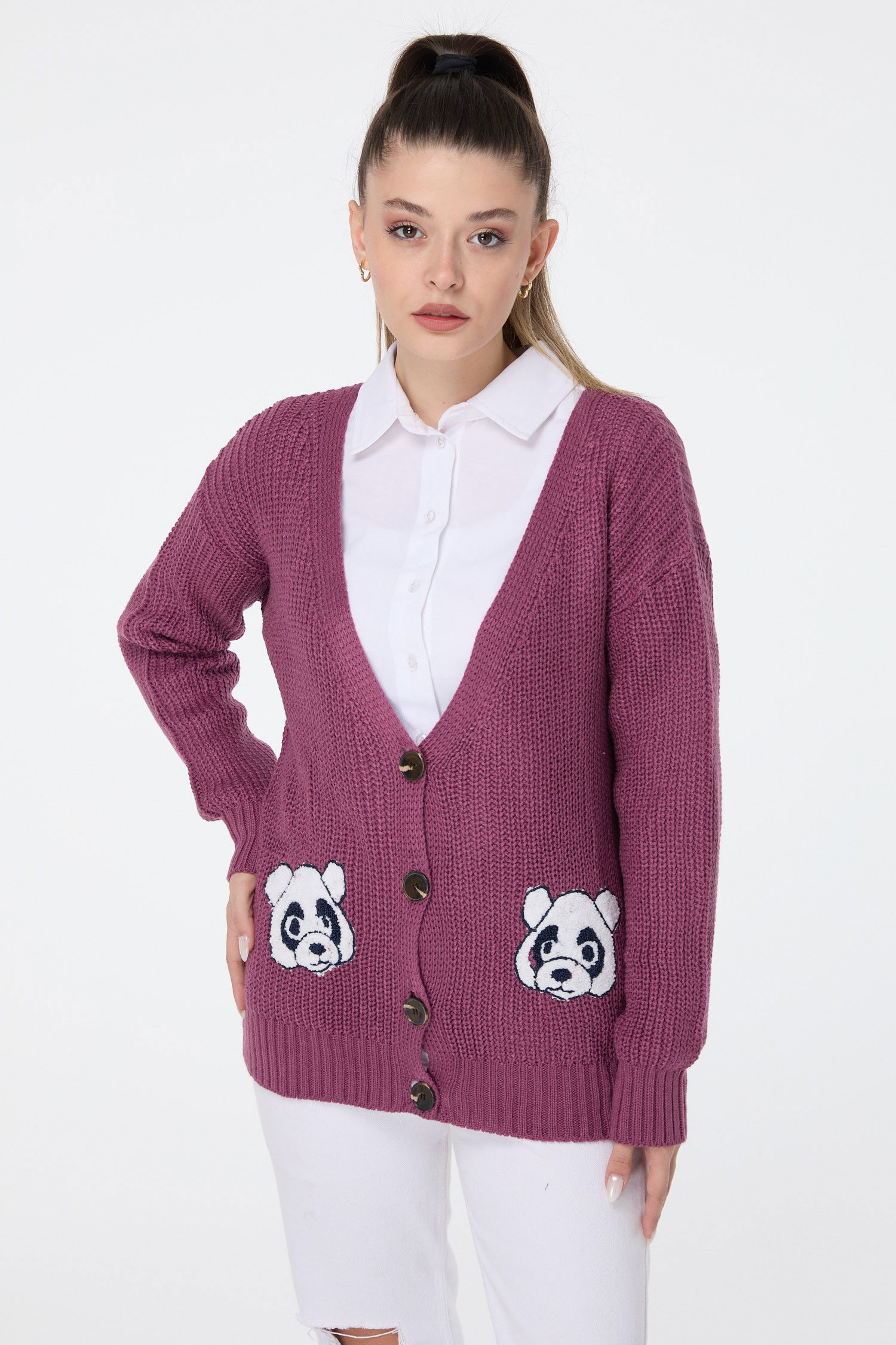 Düz Orta Kadın Pembe Triko Hırka - 23504 PEMBE