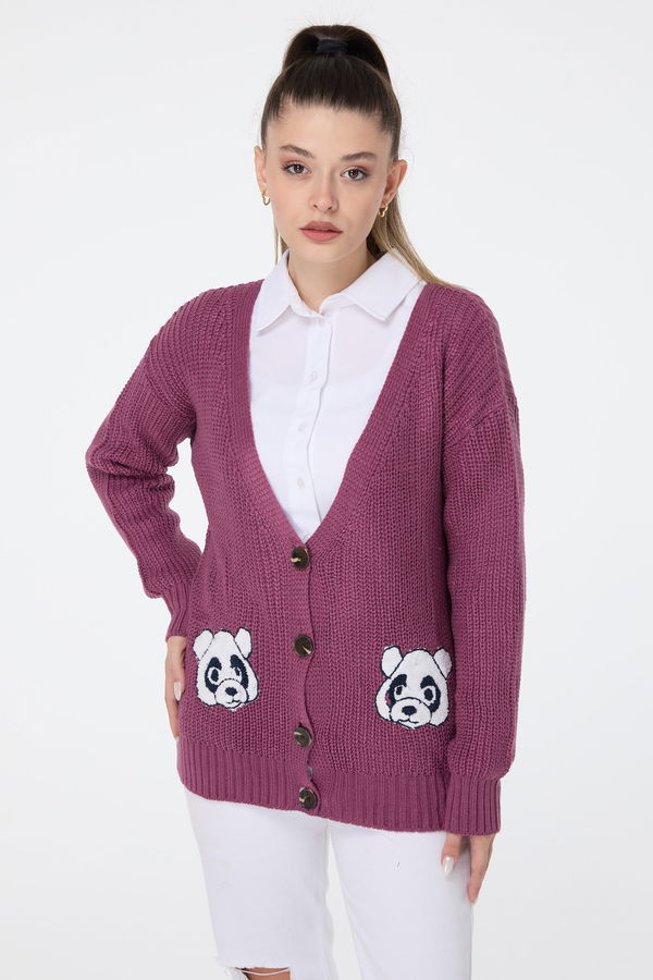 Düz Orta Kadın Pembe Triko Hırka - 23504 PEMBE