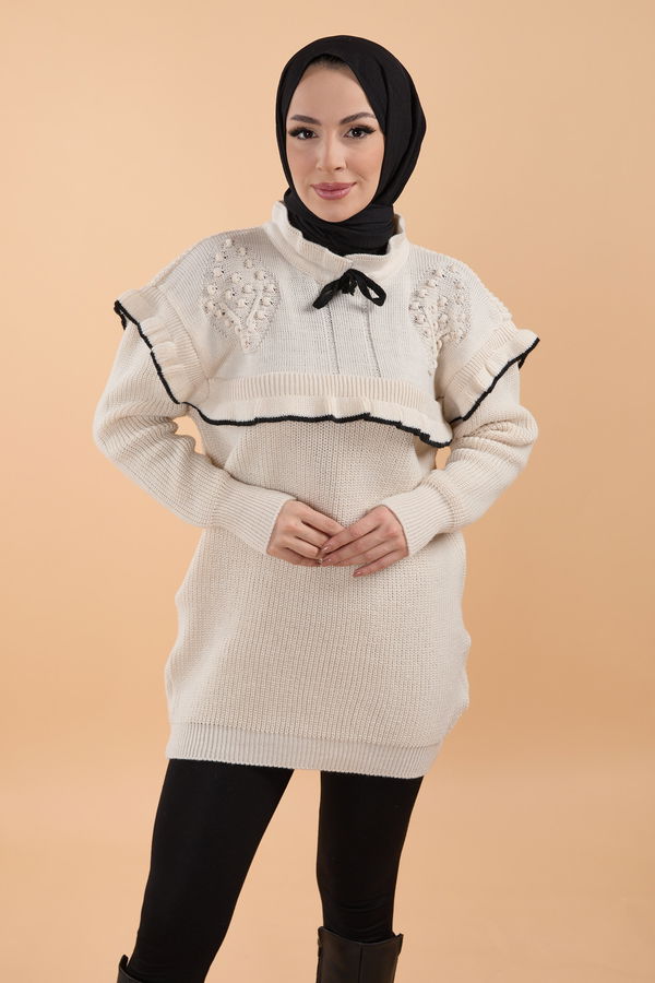 Düz Yarım Balıkçı Yaka Kadın Bej Triko Kazak - 24221 BEJ