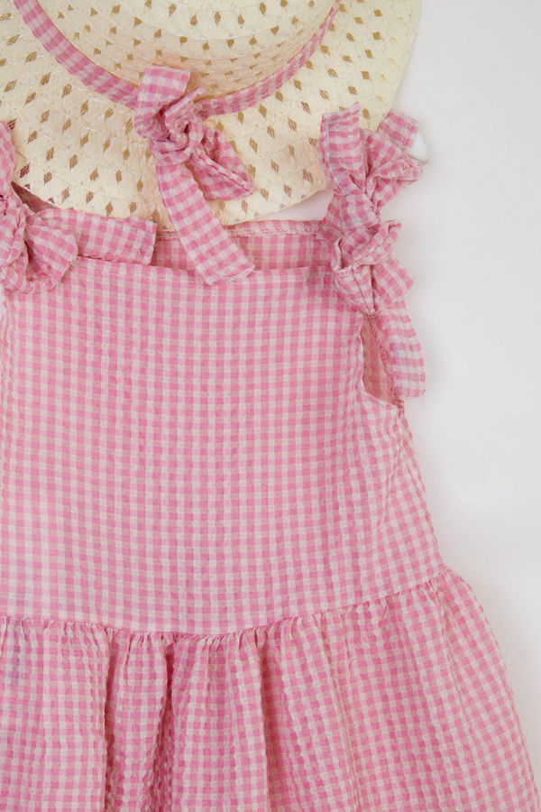 Kız Çocuk Pembe Hasır Şapkalı Elbise - 25340 PEMBE