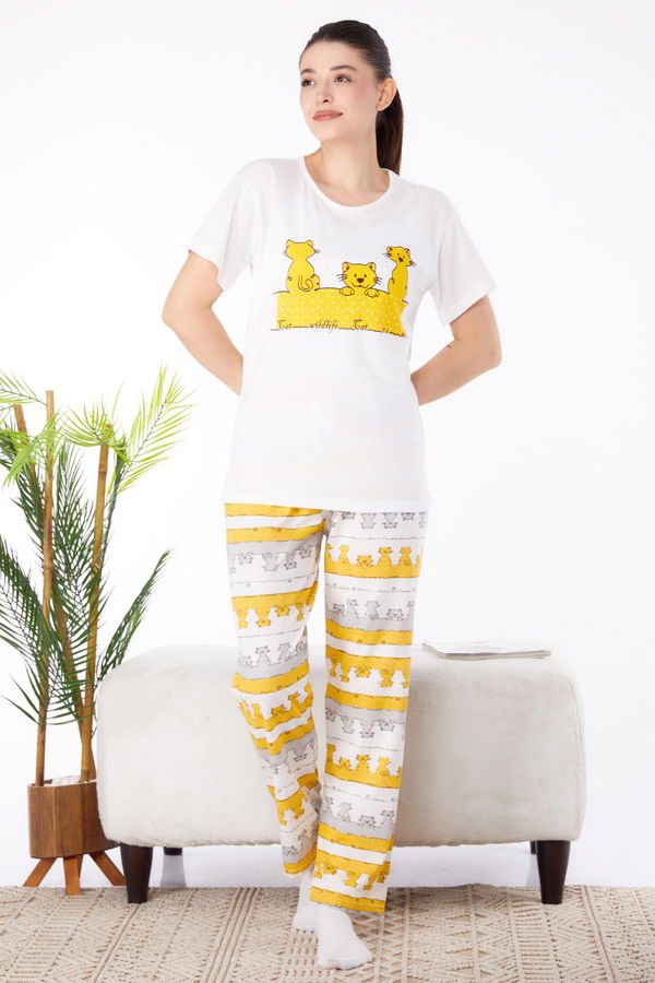 Düz Bisiklet Yaka Kadın Sarı Baskılı Pijama Takımı - 25580
