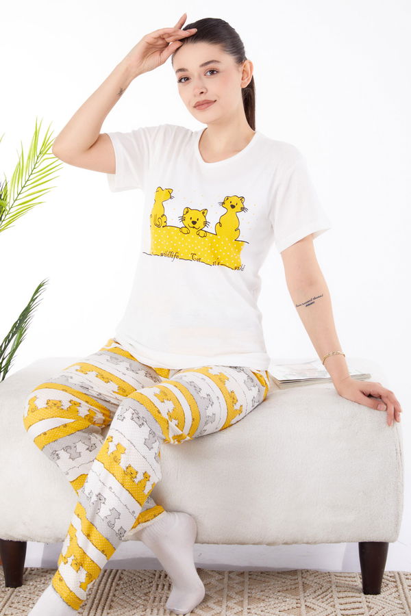 Düz Bisiklet Yaka Kadın Sarı Baskılı Pijama Takımı - 25580