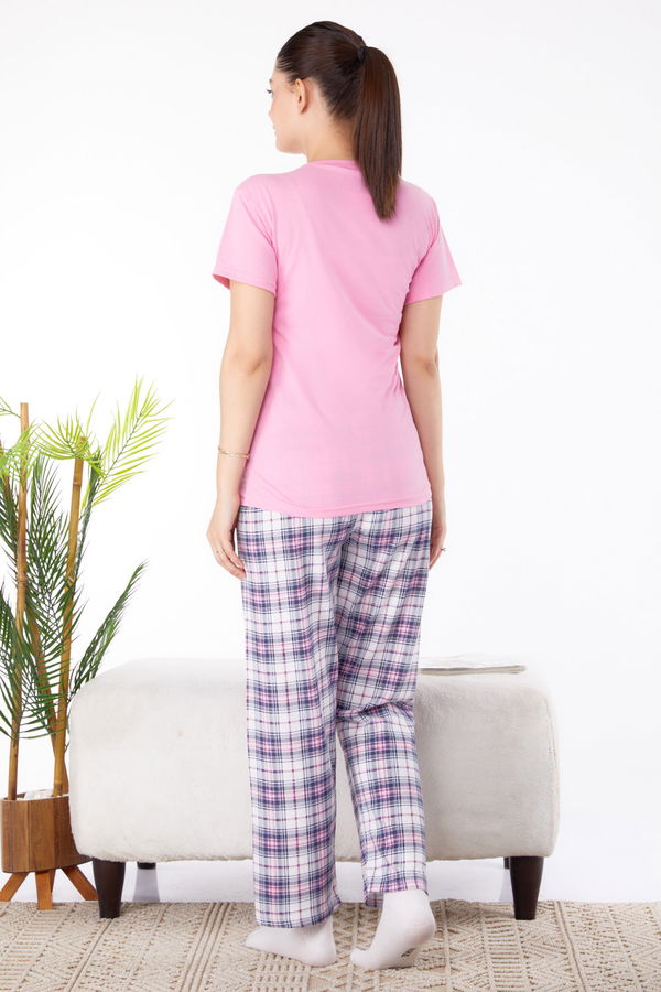 Düz Bisiklet Yaka Kadın Pembe Baskılı Pijama Takımı - 25582 PEMBE