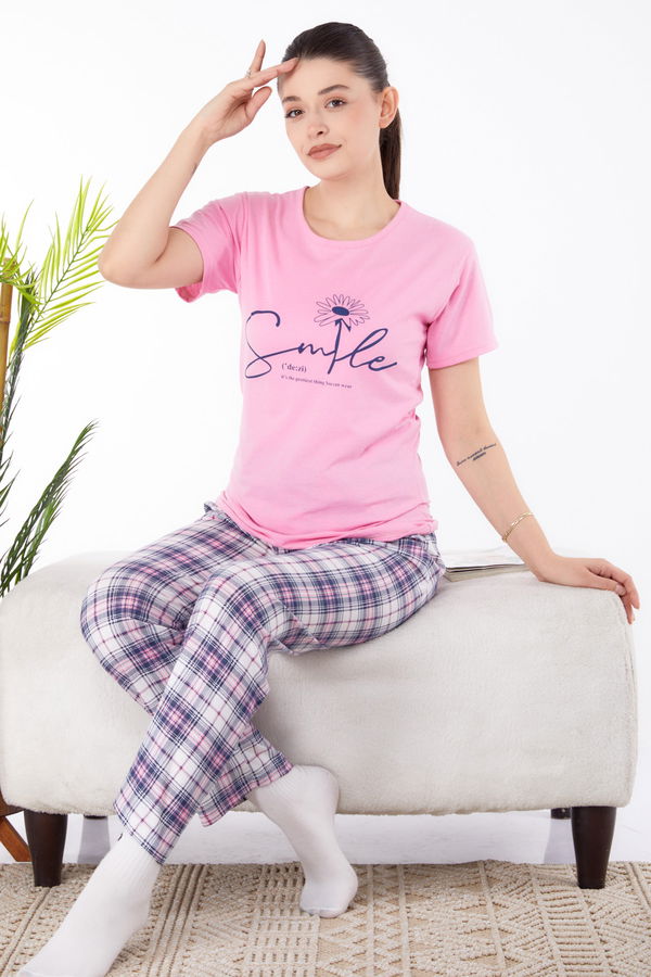 Düz Bisiklet Yaka Kadın Pembe Baskılı Pijama Takımı - 25582 PEMBE