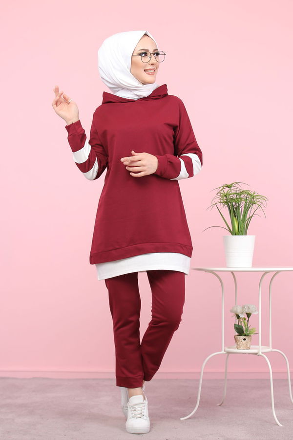 Düz Kapsonlu Yaka Kadın Bordo Tunik Pantolon - 3024