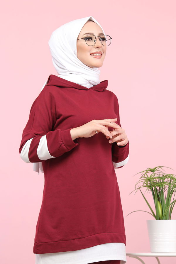 Düz Kapsonlu Yaka Kadın Bordo Tunik Pantolon - 3024