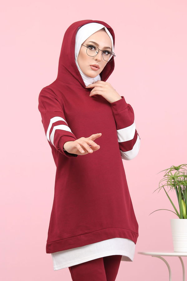 Düz Kapsonlu Yaka Kadın Bordo Tunik Pantolon - 3024