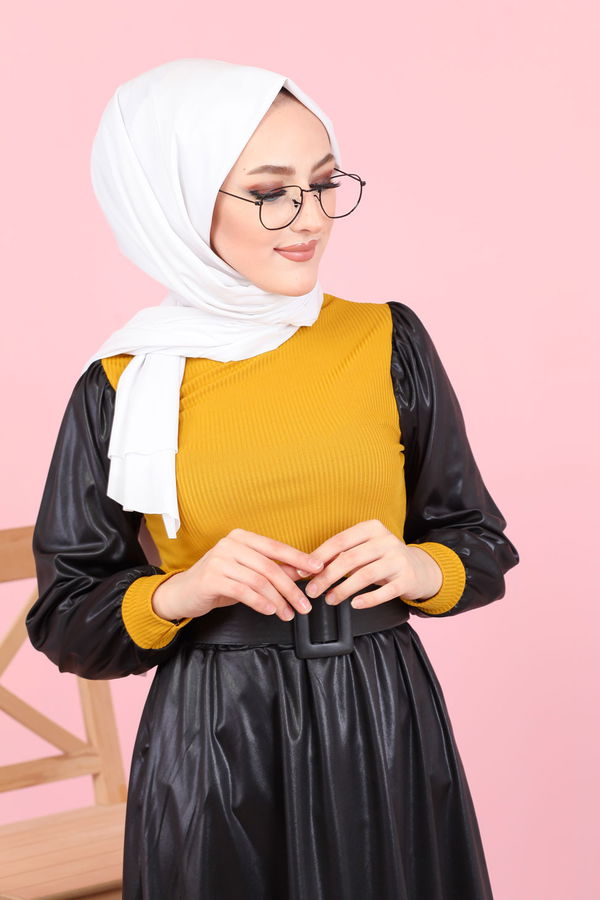 Düz Bisiklet Yaka Kadın Sarı Bluz Etek Kombin  - 1348