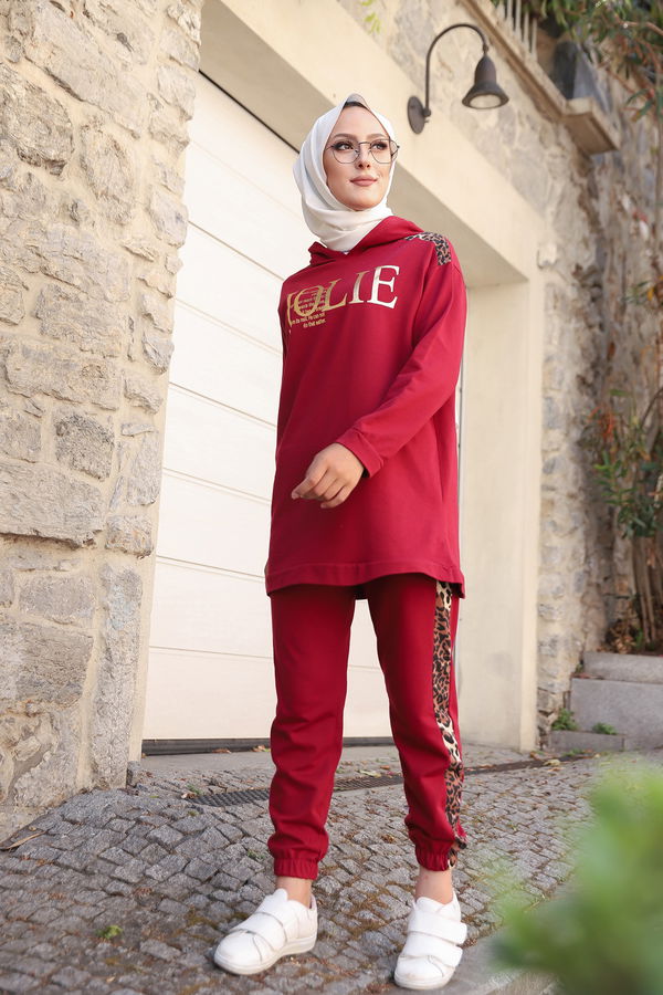 Düz Bisiklet Yaka Kadın Bordo Tunık + Pantolon - 8328