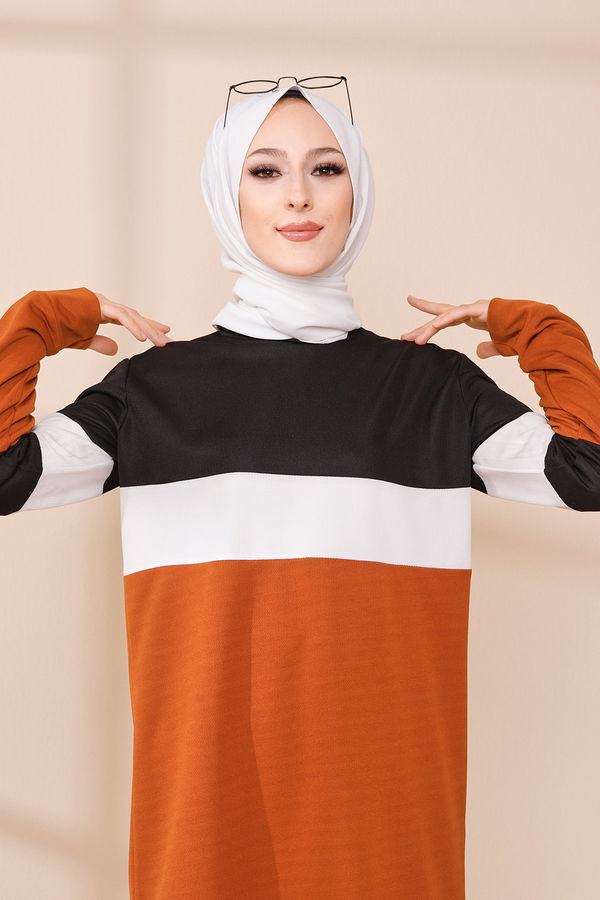 Düz Bisiklet Yaka 0.432 Kadın Taba TUNIK PANTOLON - 6570