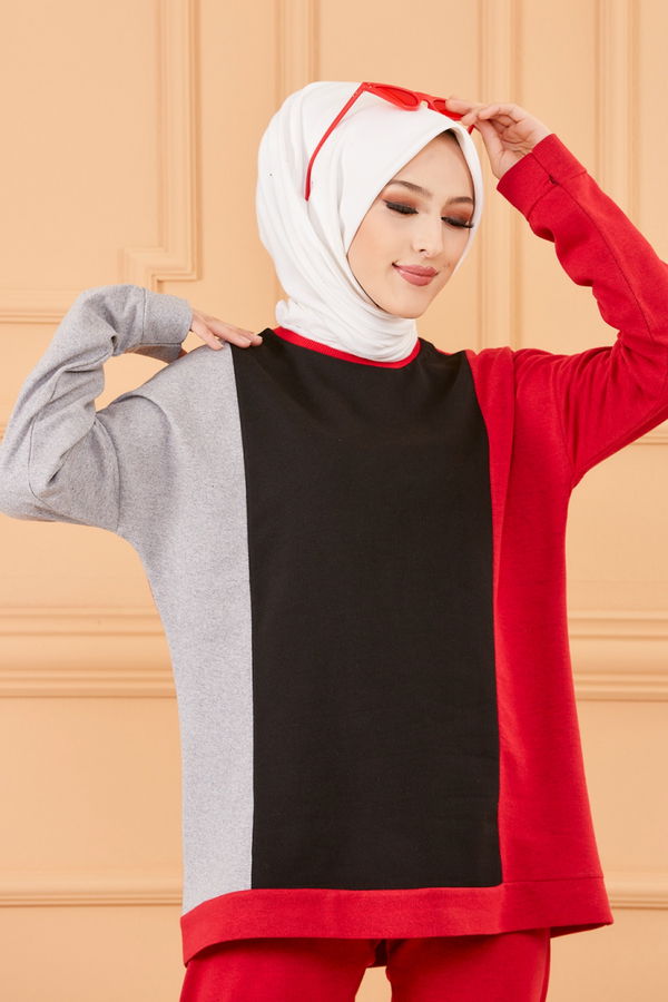 Düz Bisiklet Yaka Kadın Kırmızı TUNIK PANTOLON - 8794