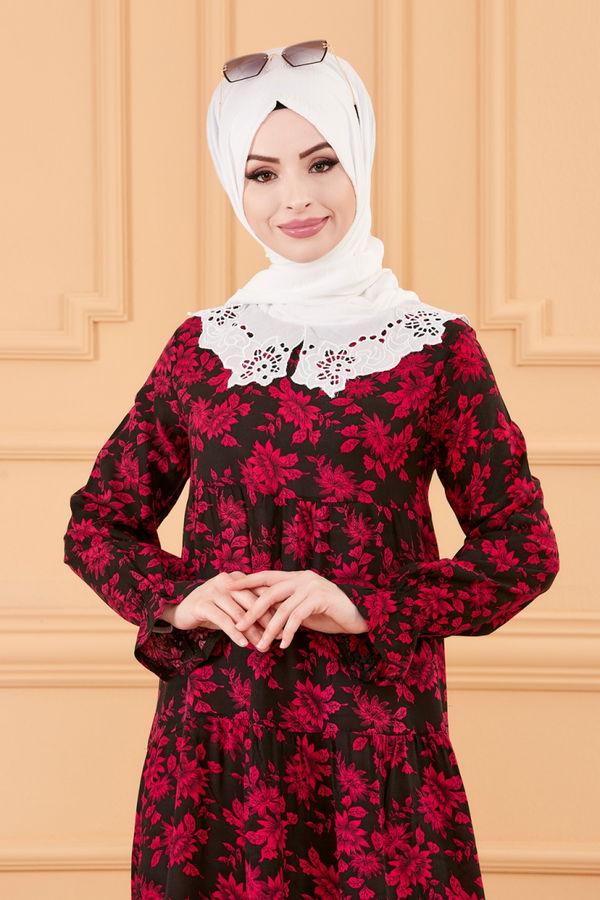 Düz Bebe Yaka Kadın Bordo ELBISE - 3570