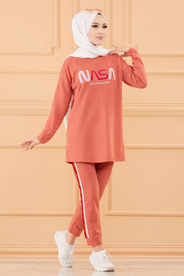 Düz Bisiklet Yaka Kadın Kiremit TUNIK PANTOLON - 4197 KİREMİT