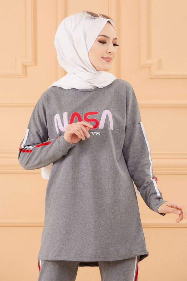 Düz Bisiklet Yaka Kadın Gri TUNIK PANTOLON - 4197 GRİ