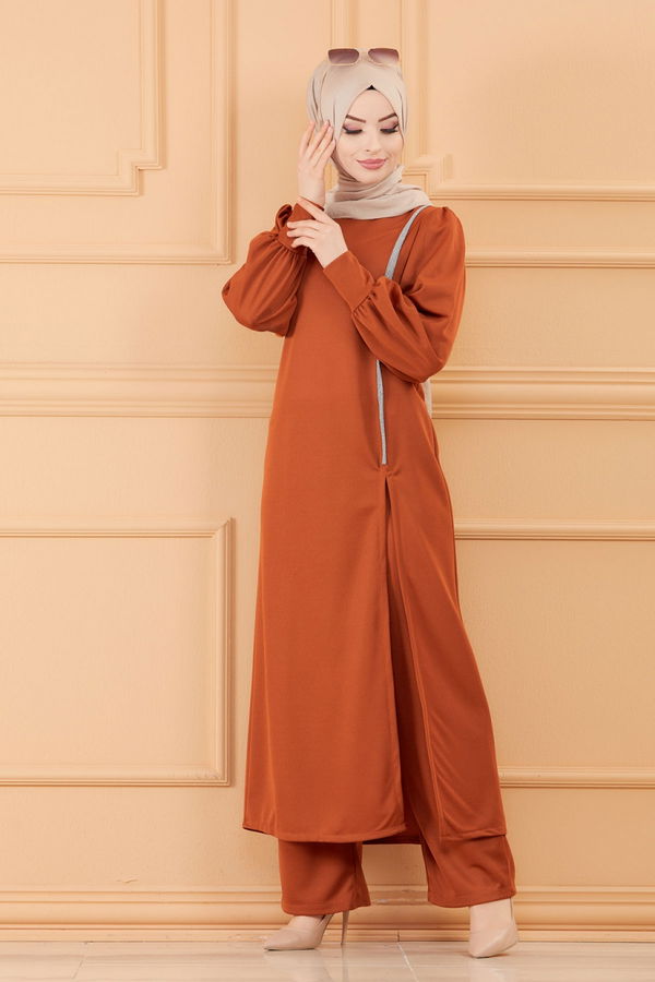 Düz Bisiklet Yaka Kadın Kiremit TUNIK PANTOLON - 3670 KİREMİT