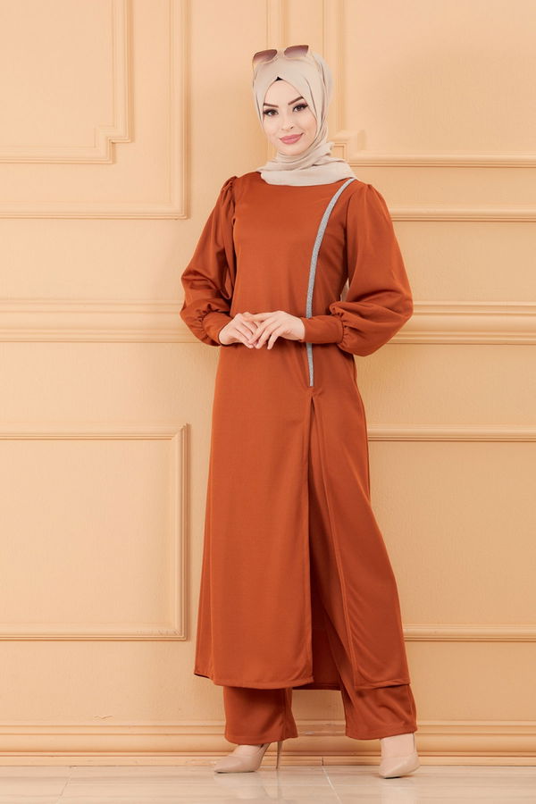 Düz Bisiklet Yaka Kadın Kiremit TUNIK PANTOLON - 3670 KİREMİT