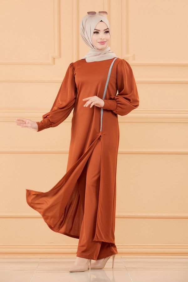 Düz Bisiklet Yaka Kadın Kiremit TUNIK PANTOLON - 3670 KİREMİT