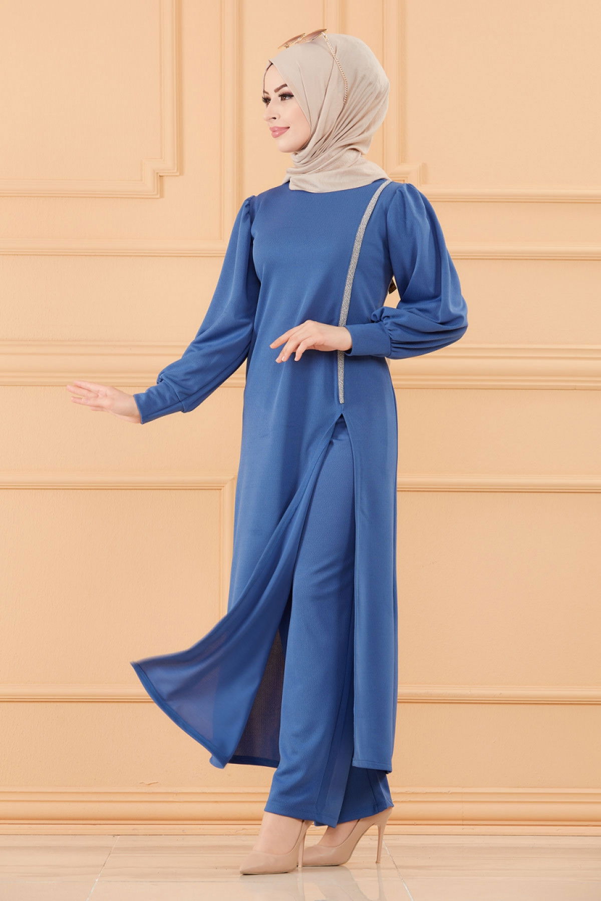 Düz Bisiklet Yaka Kadın Mavi TUNIK PANTOLON - 3670 MAVİ