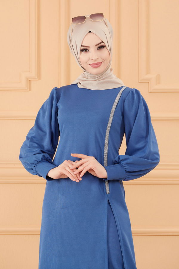 Düz Bisiklet Yaka Kadın Mavi TUNIK PANTOLON - 3670 MAVİ