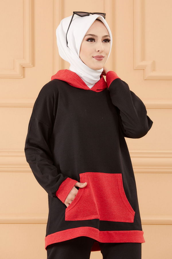 Düz Kapsonlu Yaka Kadın Siyah TUNIK PANTOLON - 8813 SİYAH