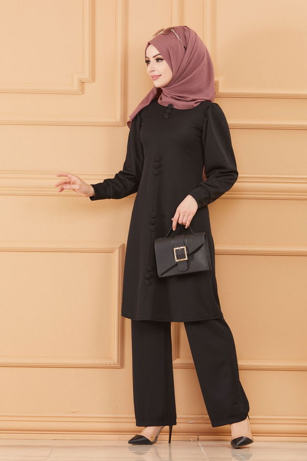 Düz Bisiklet Yaka Kadın Siyah TUNIK PANTOLON - 3685